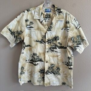 RJC Hawaii Men's Beige Palm Tree Beach Tropical Summer Button Up Camp Shirt LG